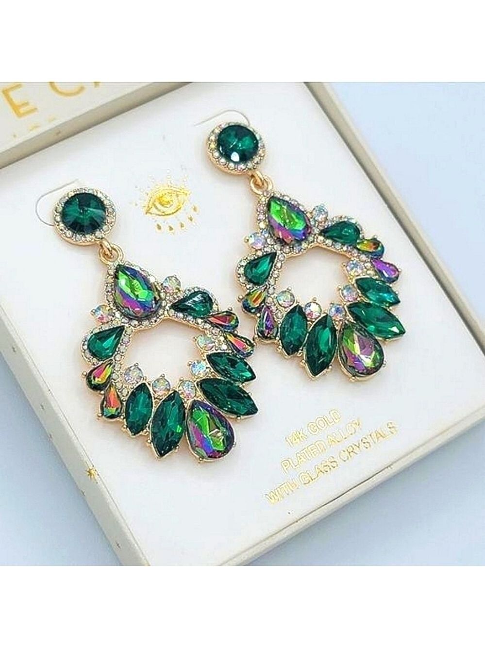 Eye Candy Earrings Luxe Gold Plated Glass Crystals Green Earrings #546